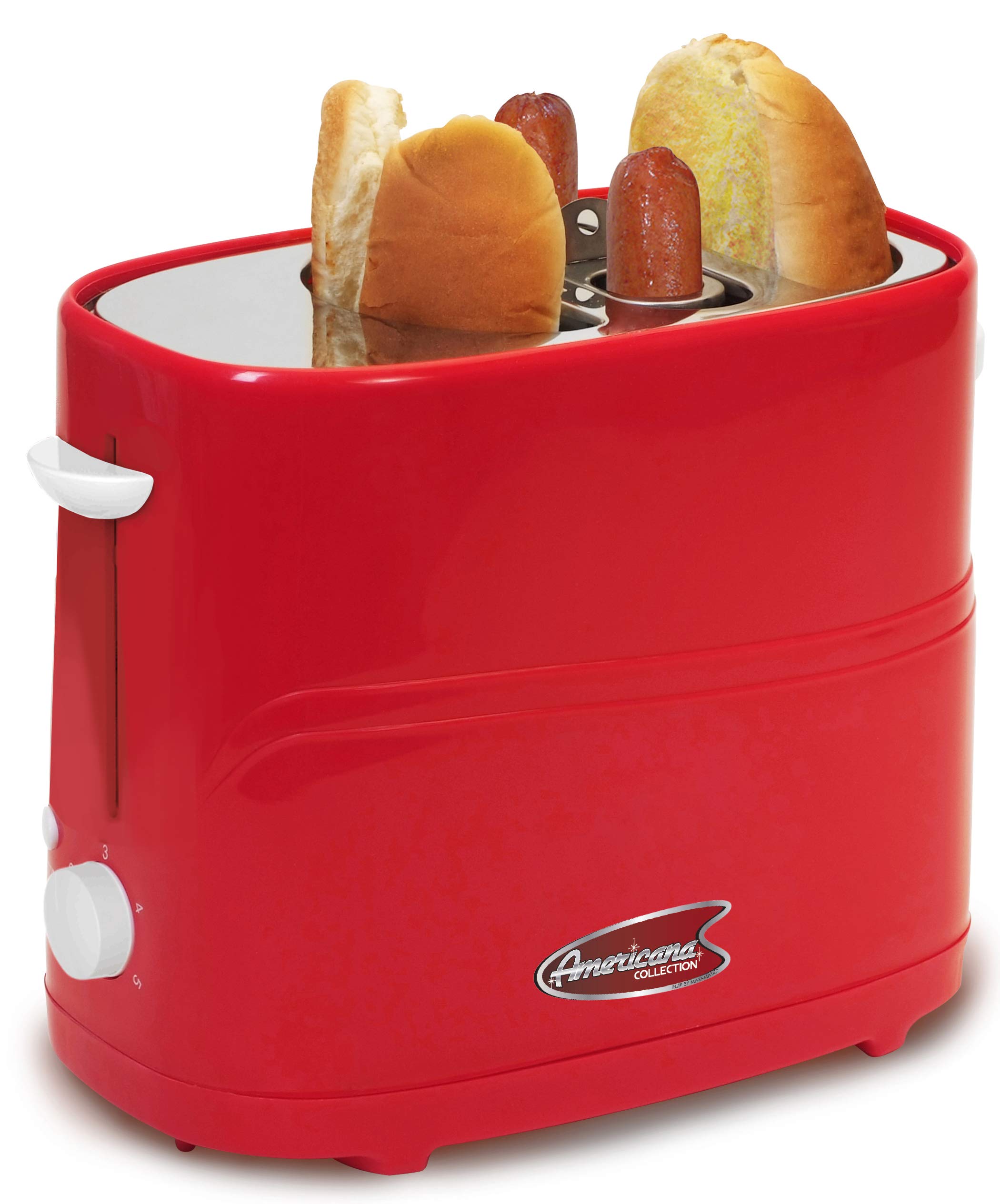 Photo 1 of Elite by Americana ECT-542R Retro Pop-Up Hot Dog and Bun Toaster Cooker Machine with Tongs, Heat Veggie Links Kosher Beef Turkey Sausages Bratwurst, 2 Slice, Red