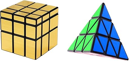 Emob Magic Rubik Gold Mirror & Pyraminx Cube Combo Puzzle Cube Brainstorming Game Toy with Black Base & Neon Color