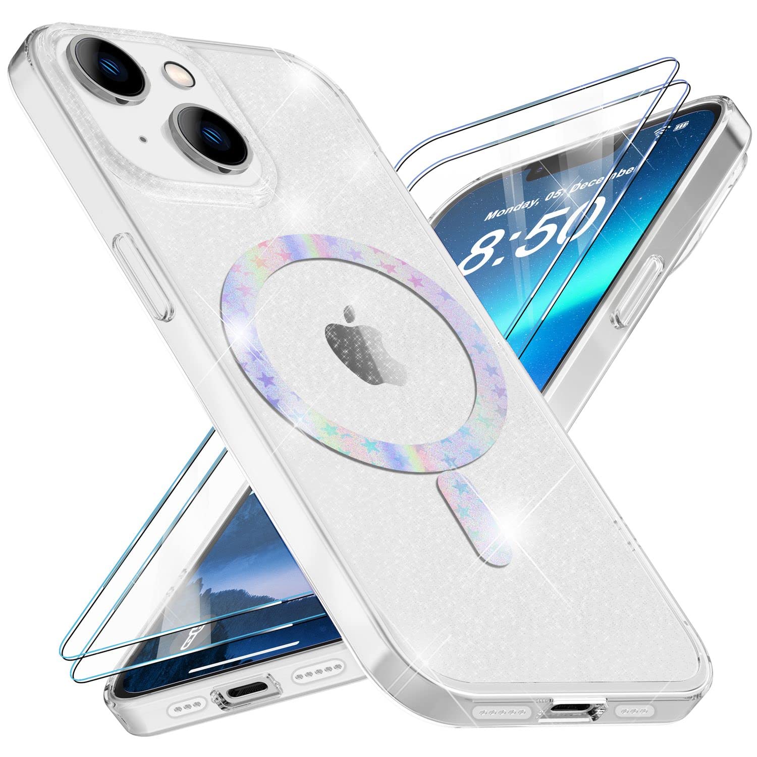 NALIA Magnetic Glitter Case for iPhone 14 - MagSafe compatible & 2x Screen Glass - BLYZE (Anti-Yellow Hardcase & Silicone Bumper) - German Brand