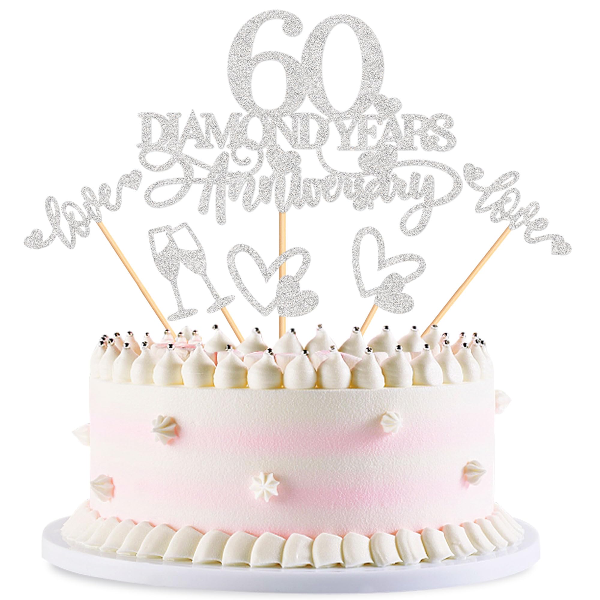 Blumomon 25-Piece 60th Wedding Anniversary Cake Toppers - Silver Heart Shaped - Perfect for Cupcakes, Cakes & More