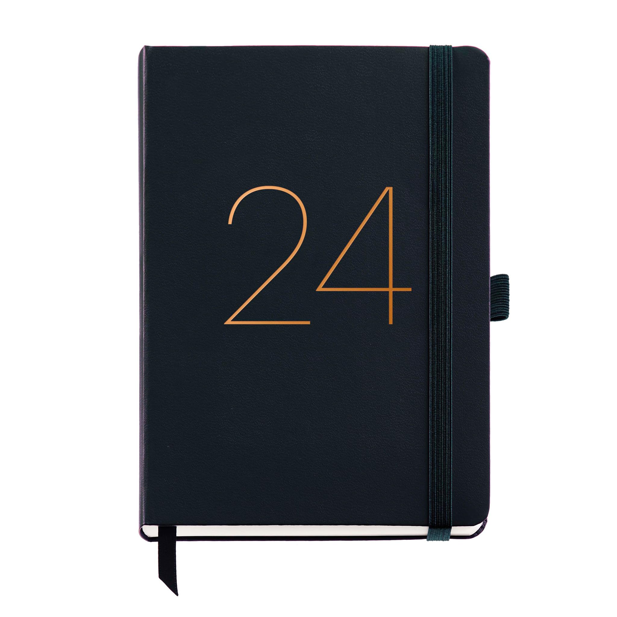 Miquelrius - Annual Planner 2024, Day Page, Plus Size 155 x 213 mm (similar A5), Stitched Leather Hard Cover, Elastic Rubber, Catalan, English and Portuguese, Black