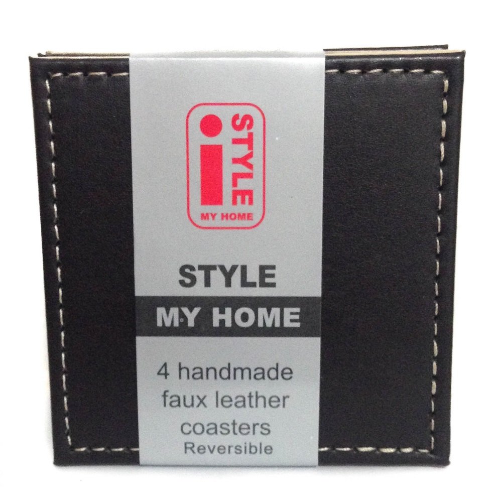 I Style Reversible Faux Leather Coasters with Border Stitch, Plastic, Chocolate/Cream, Set of 4