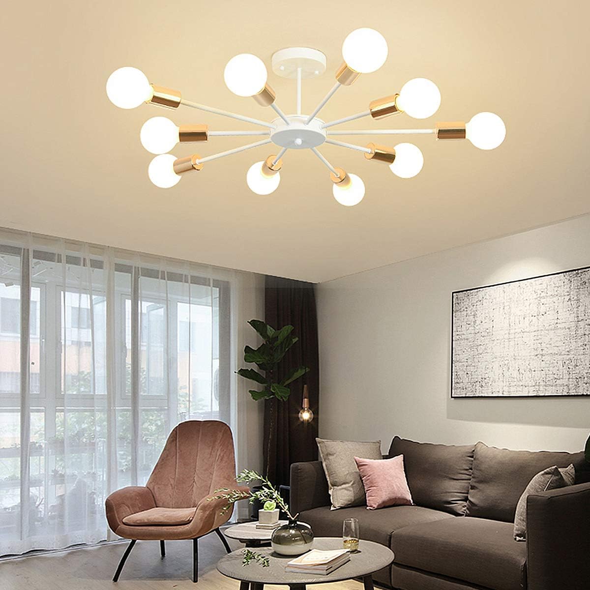 Jaycomey Flush Mount Ceiling Light, Modern White Sputnik Chandeliers, 10-Light E26 Base Industrial Semi Ceiling Lights Fixture for Bedroom Living Room Kitchen Farmhouse - - 