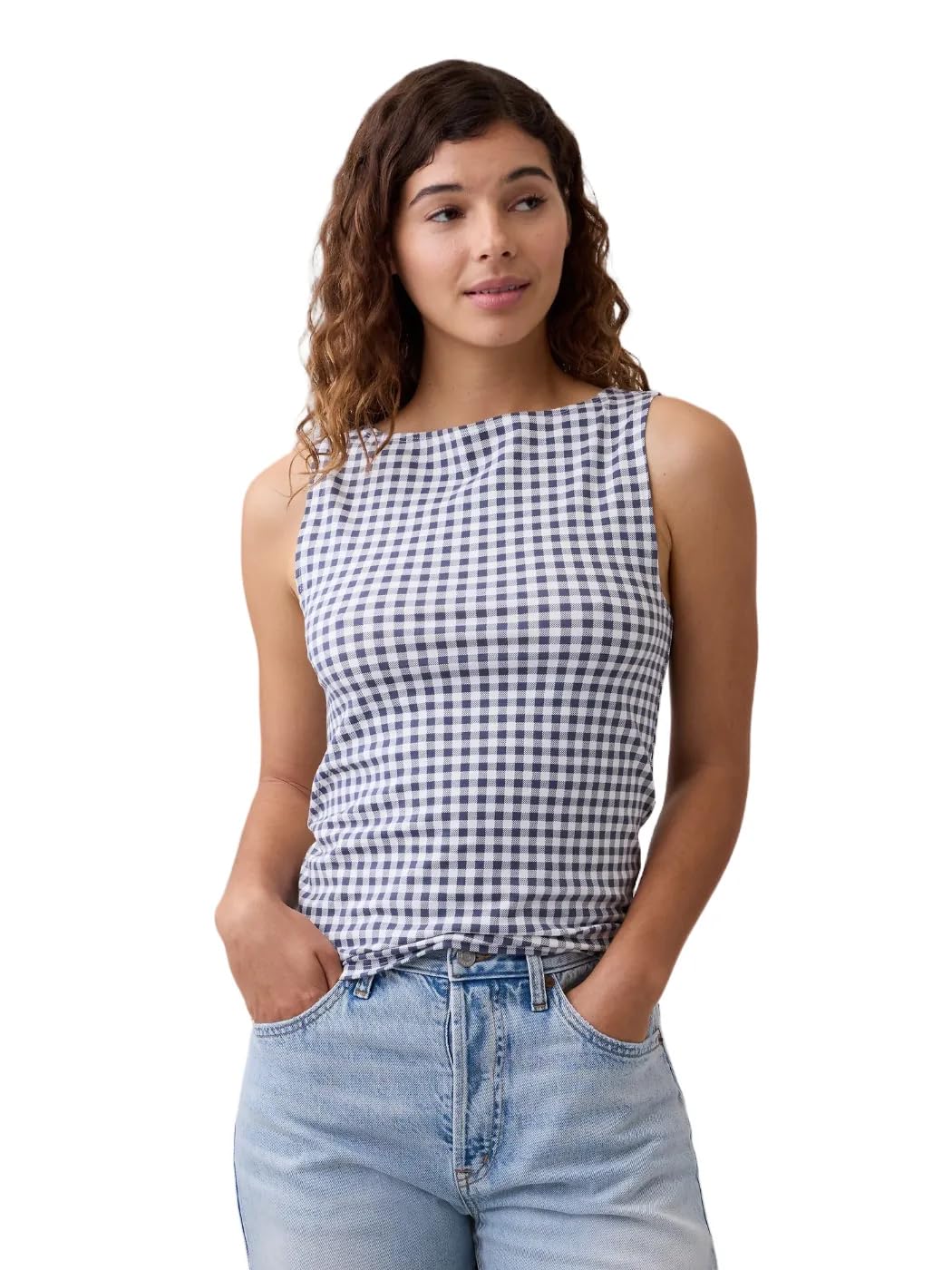 GAP Womens Boatneck Tank Blue Gingham L