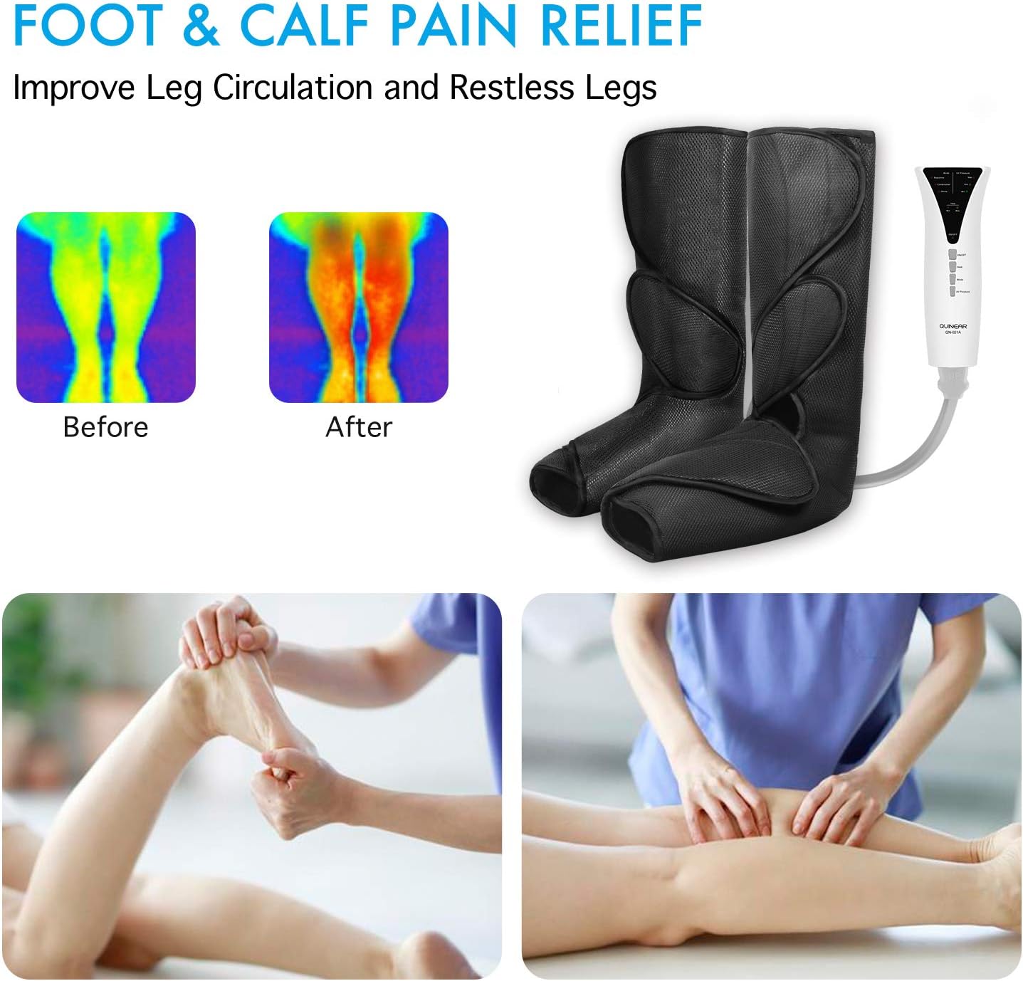 QUINEAR Leg Massager with Heat Air Compression Massage for Foot & Calf Helpful for Circulation and Muscles Relaxation: Health & Personal Care