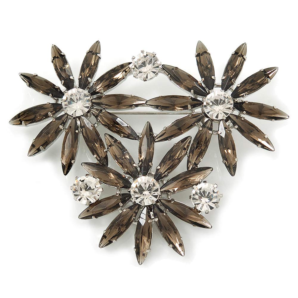 Grey, Clear Triple Flower Corsage Brooch In Silver Tone - 75mm Across