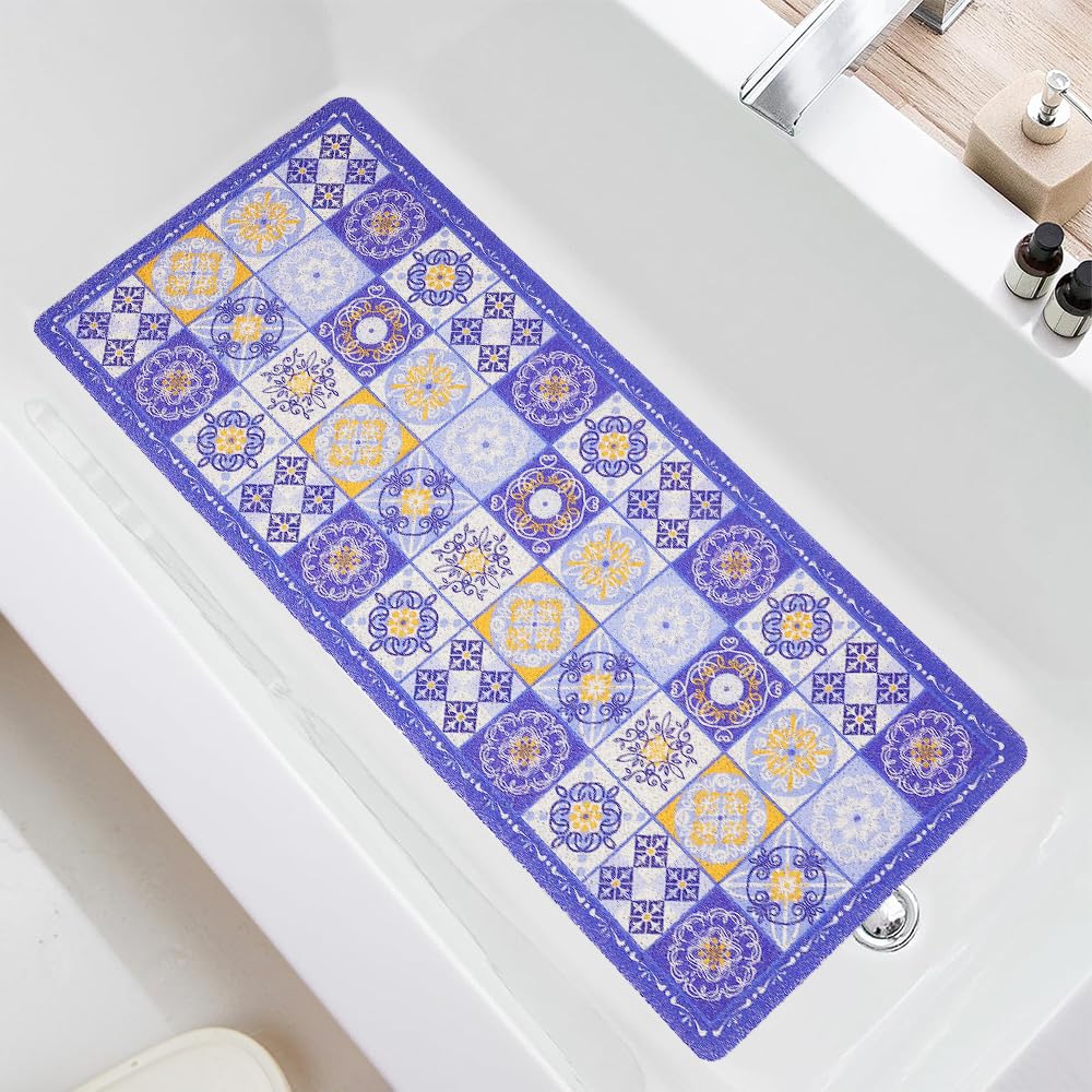 Bathtub Mat Non Slip 100x40cm, PVC Loofah Soft Safety Massage Long Non Slip Bath Tub Mat, Shower Mats for Bathtubs with Drain Holes, Quick Dry (Blue)