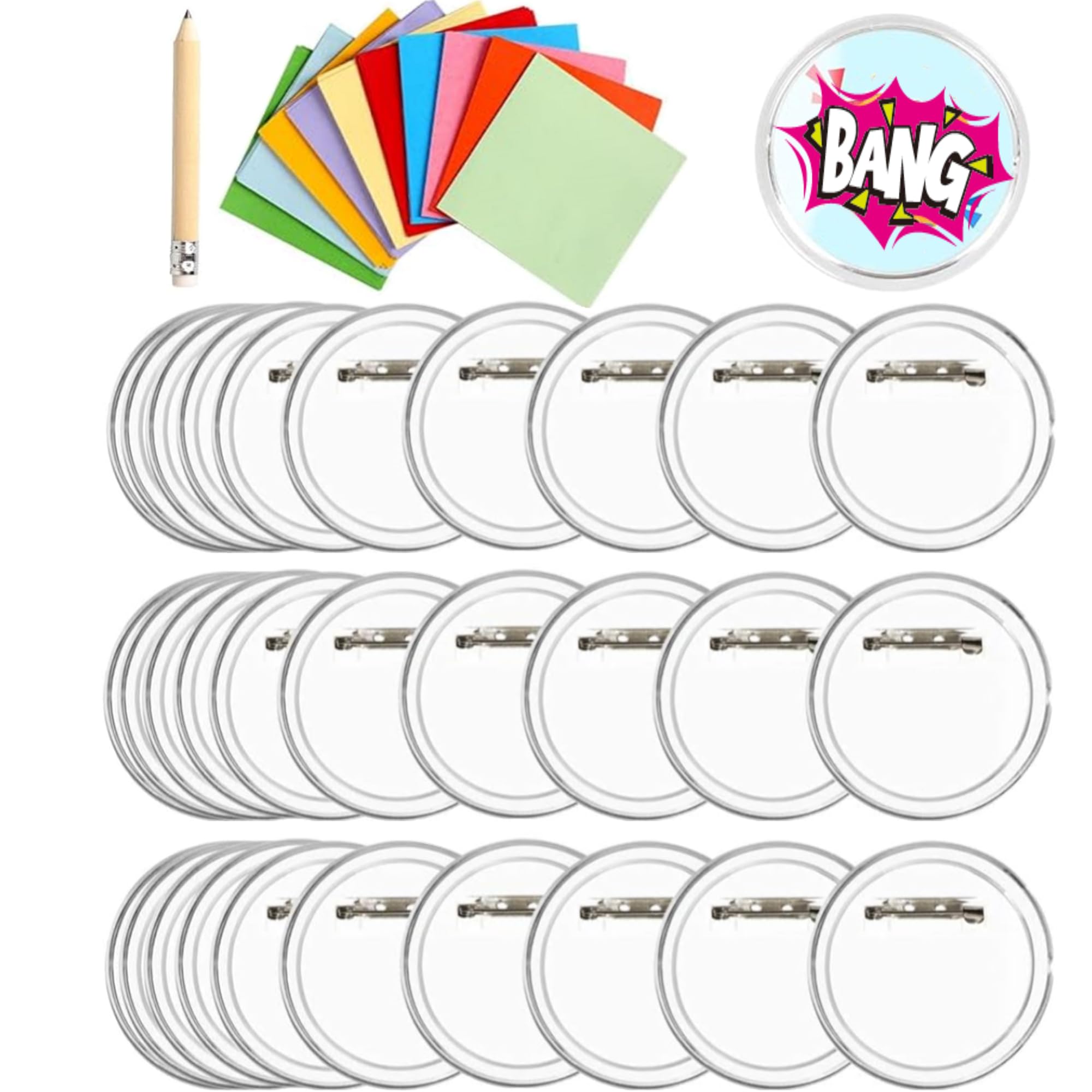 Badges Making Kit - 30PCS Button Clear Badges 6cm - Acrylic Design with 100 Colorful Paper and Pencil for DIY Crafts Gifts Party Bag Fillers