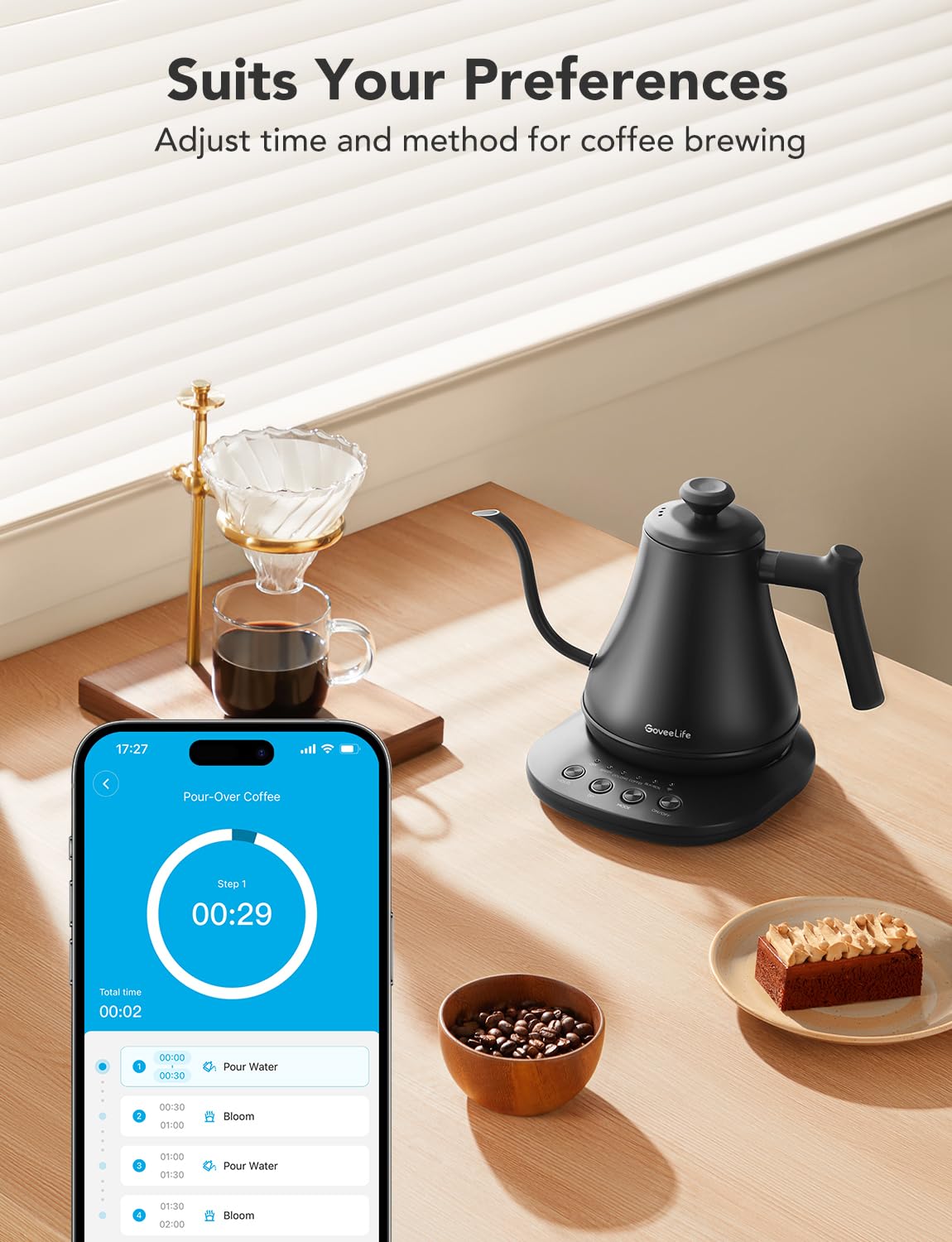 GoveeLife Hervidor eléctrico inteligente, hervidor de cuello de cisne WiFi de 0,8 L compatible con Alexa, 5 modos de uso, calentamiento rápido de 3 minutos y mantenimiento caliente de 2 horas, apagado automático por seguridad, acero inoxidable, negro mate...