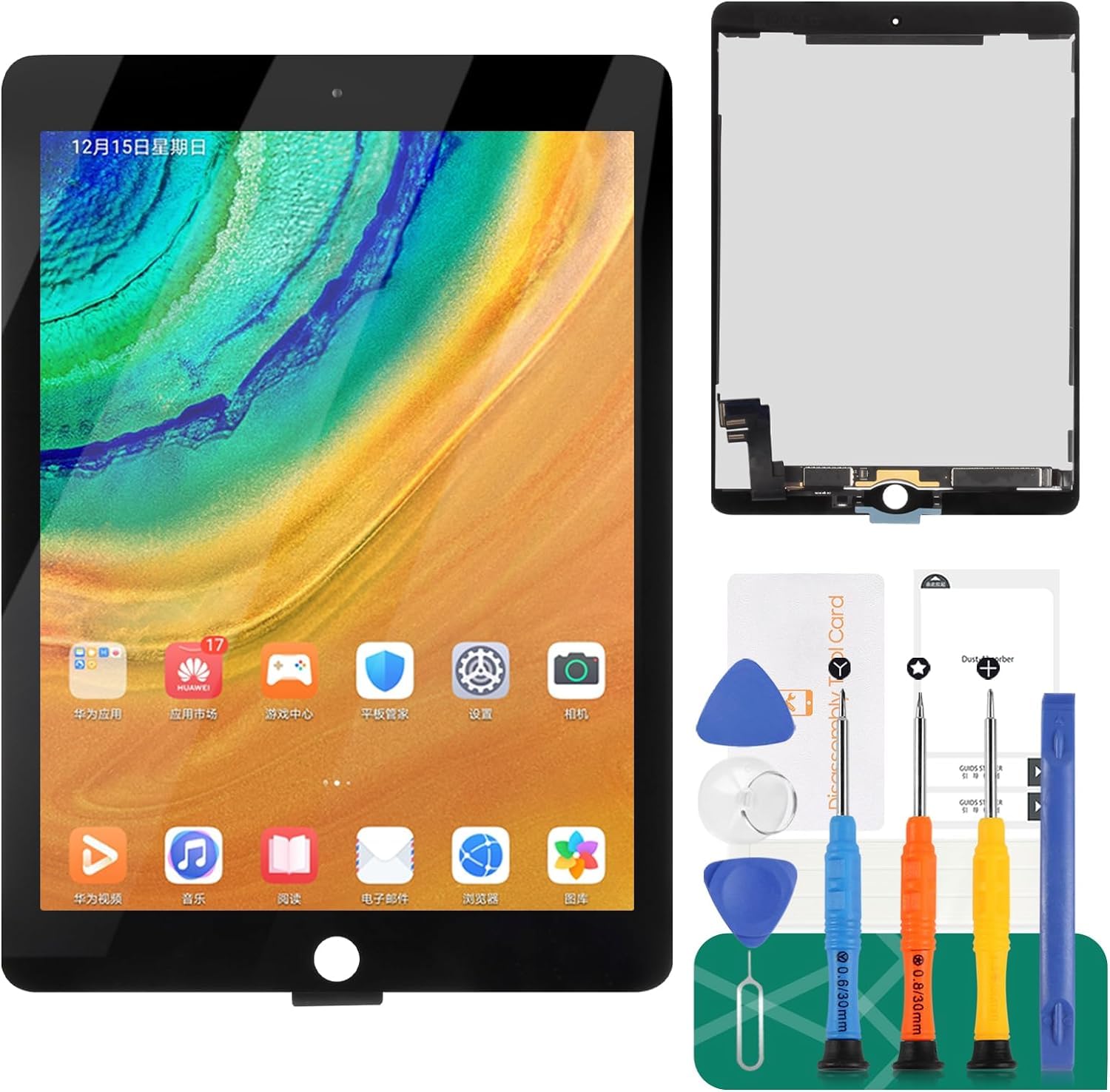 For Ipad 6 Air 2 A1566 A1567 LCD Screen Replacement Digitizer Glass Assembly Kits,Free tempered film,glue and tools (Black)