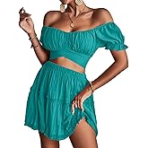 LYANER Women's 2 Piece Outfits Off Shoulder Tie Up Back Crop Top and Mini Skirt Set Lake Blue X-Small