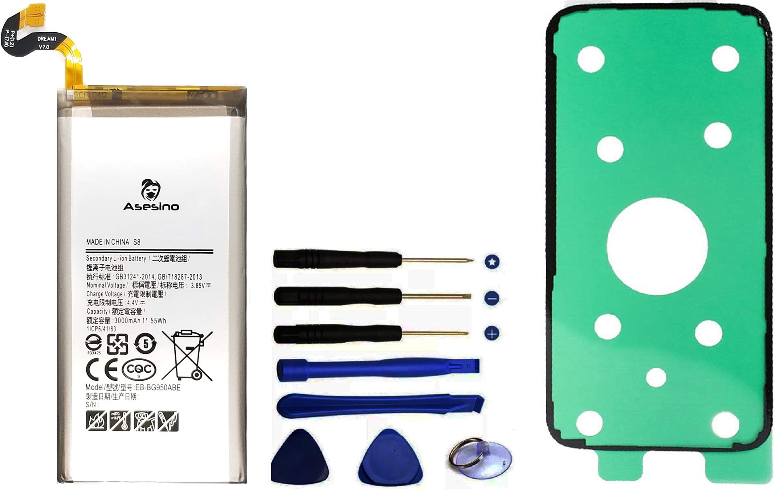 Asesino Battery Compatible with Samsung Galaxy S8 (3000mAh) with Adhesive + Replacement Toolkit for EB-BG950ABE G950