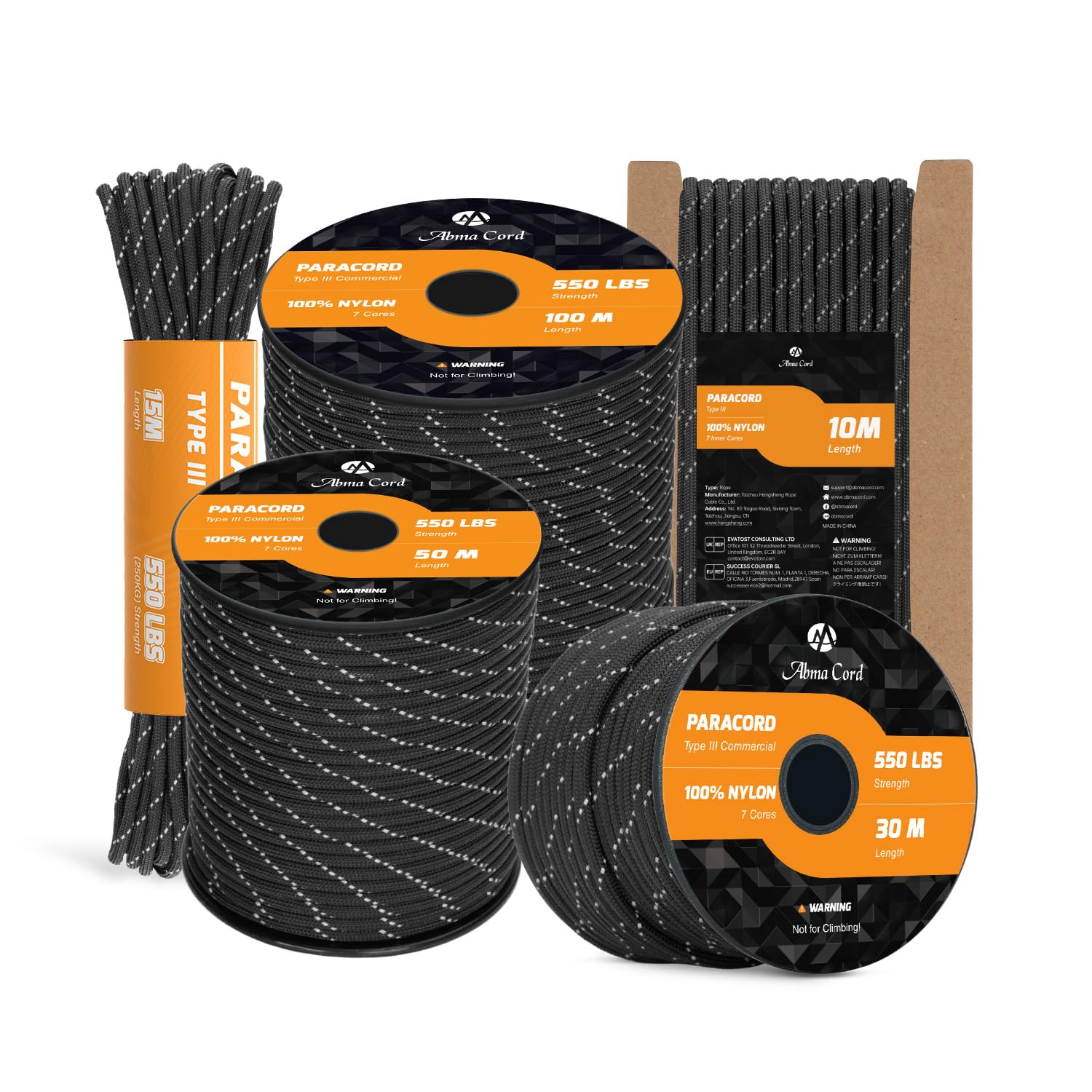 Abma Cord Paracord 550 4mm 15m 100% Nylon Rope Type III 7 Strands Parachute Cord for DIY, Camping, Survival, Outdoor - Max. 250kg - Reflective Black