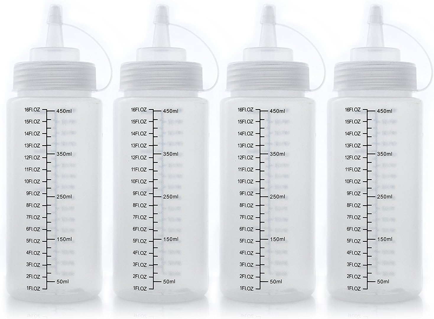 Tovla gourmet Squeeze Bottles with Cap, BPA-Free, Transparent Plastic, 16 Ounce Capacity with Measurements - Set Of 4 Clear