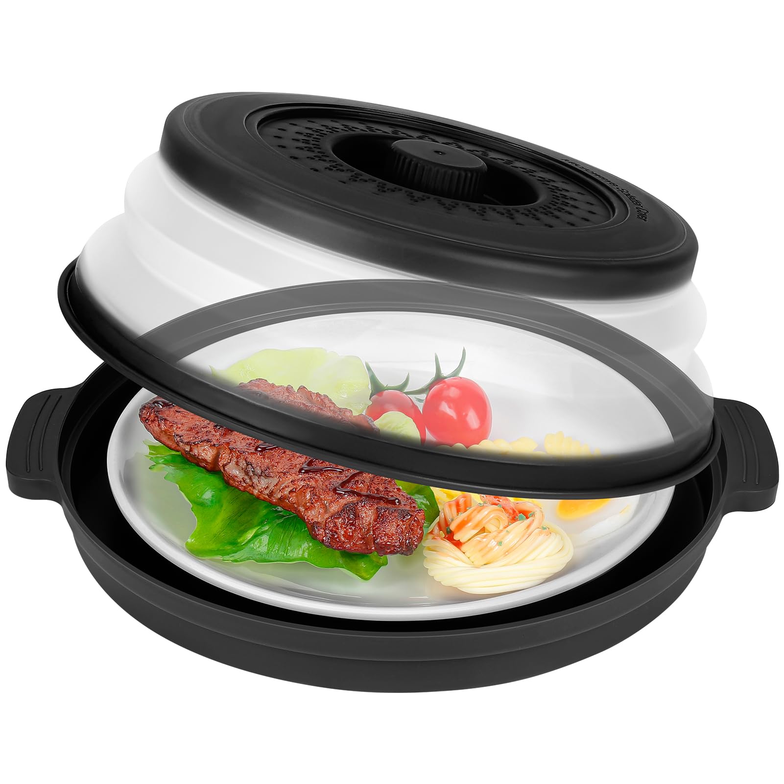 Photo 1 of 10.7 Inch Microwave Food Cover with Heat Insulation Mat, Anti-Scald Collapsible Microwave Splatter Cover, Multi-Functional as Colander & Fruit Plate, Dishwasher Safe, Ideal for Meal Prep (Black)