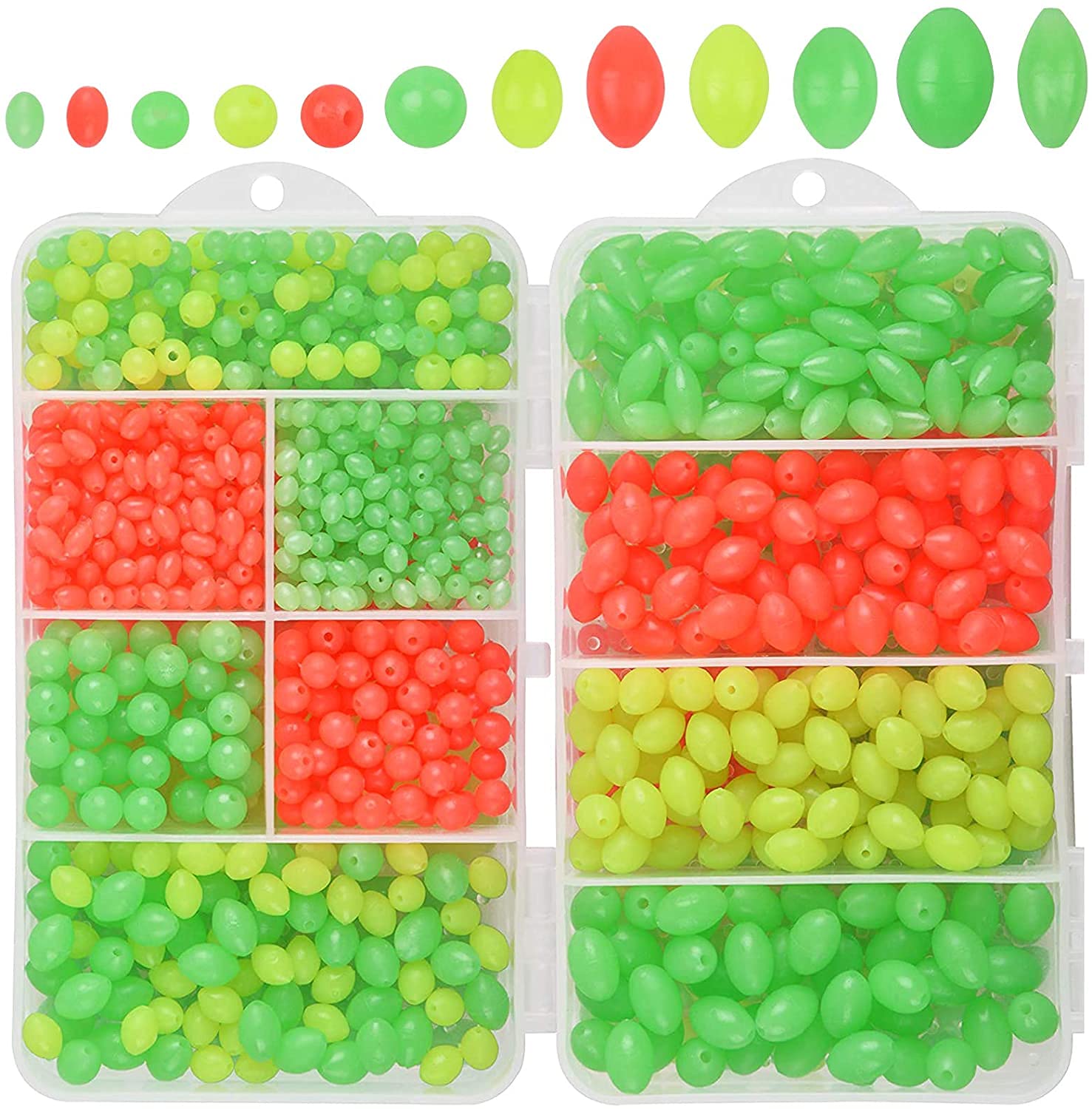 OROOTL Glow Fishing Beads, 1000pcs Soft Plastic Round Oval Egg Beads Assortment, Luminous Green Yellow Red, Fishing Tackle Tools for Rigs Leaders
