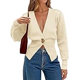 Womens Button Up Cardigans Deep V Neck Long Sleeve Sweaters Knit Loose Sweater Tops