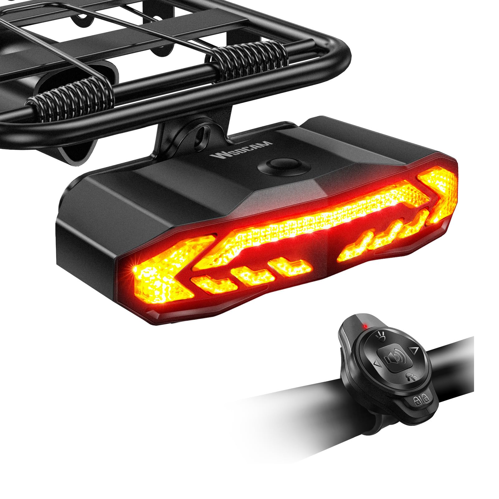 Photo 1 of WSDCAM Bike Cargo Rack Tail Light with Turn Signals and Brake Light, Wireless Bike Horn Alarm, Auto On/Off USB C Rechargeable Bicycle Tail Light Rear Rack Bike Light Turn Signal Lights for Road Safety