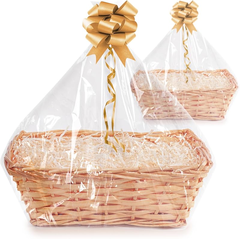 woodluv Set of 2 Wicker Gift Hamper Baskets with Ribbon Shredded Paper