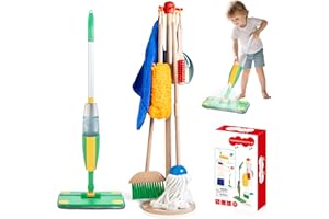 WOODMAM Wooden Kids Cleaning Set with Spray Mop, Montessori Cleaning Toys Real Water Sprayer and Toddler Broom Mop Set, Housework Pretend Play Toy Gift for Boys Girls Ages 3+