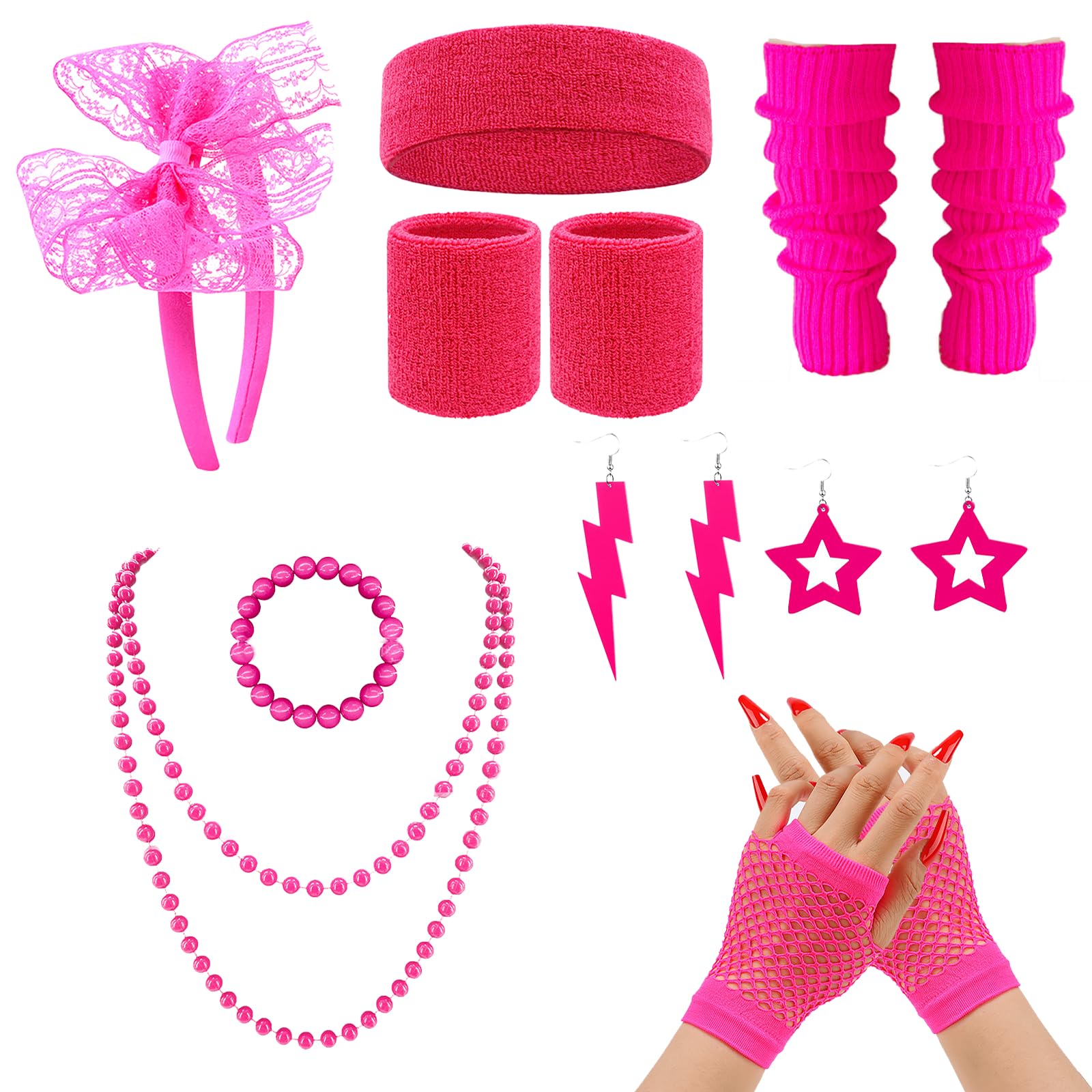 S.F.Pachira 80s Fancy Dress Costumes Accessories, 1980s Fancy Style Dresses Party Set, Retro Party Supplies, 14 pcs with Earrings Bracelet Necklace Fishnet Gloves Headband Neon Leg Warmers (Rose Red)