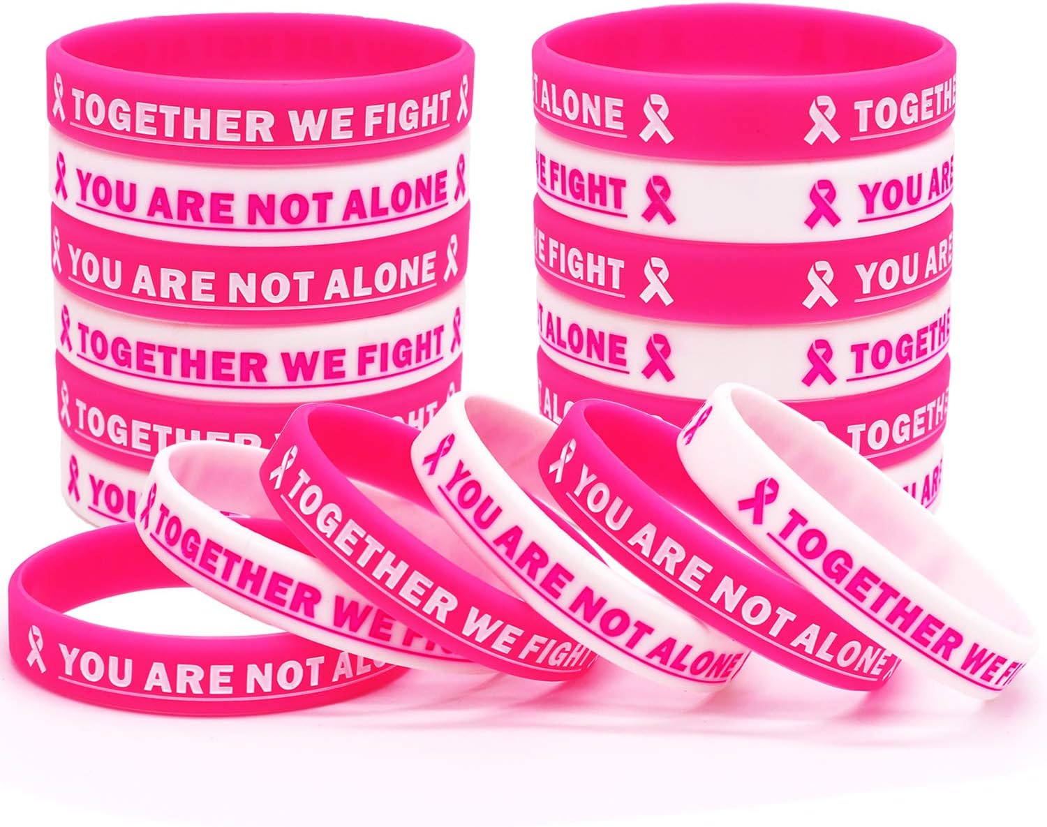 Breast Cancer Awareness Rubber Bracelet Ribbon Silicone Wristband with Saying Together We Fight, You are Not Alone. Gift for Patients, Family and Friends