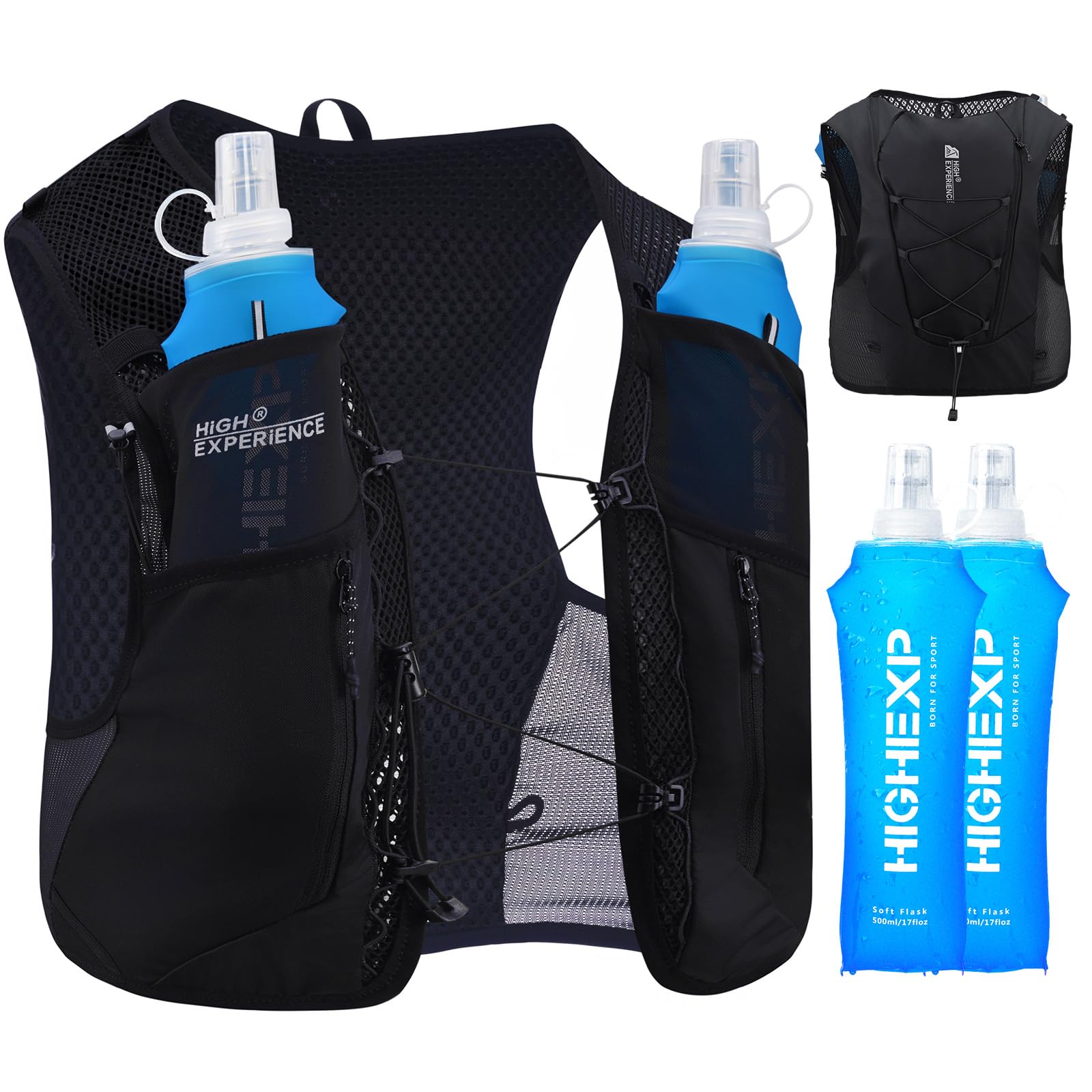Photo 1 of ** only the 2 blue bottles  ** HIGH EXPERIENCE Running Vest Lightweight 4L Trail Hydration Backpack Pack with 2 17oz Soft Flask Jogging Marathon Cycling Hiking for Women Men (Black, Medium)