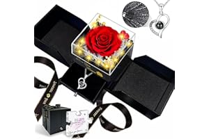 Megapuxin Preserved Real Rose-Eternal Flowers Rose Mothers Day for Mom Women Her Wife Girlfriend on Birthday Valentines with I Love You Necklace 100 Languages Romantic Gift