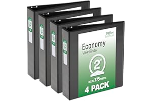 Office Essentials Economy View 3 Ring Binders, 2" Round Rings, 2.8" Spine, 375-Sheet Capacity, Black Binders, Ideal for Occasional Use and Light Referencing (4-Pack of 03147)