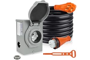 TIPHOPE 50Amp 20FT Generator Extension Cord Power Inlet Box with Locking Connector,125/250V,4 Prong NEMA 14-50P SS2-50R Generator Cable Pre-Drilled Generator Inlet Box for Generator RV Outdoor Use