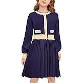 Cubear Girls Sweater Dress with Pockets, Crewneck Lantern Sleeve A-Line Striped Knit Warm Fall Winter Dress 5-14Y