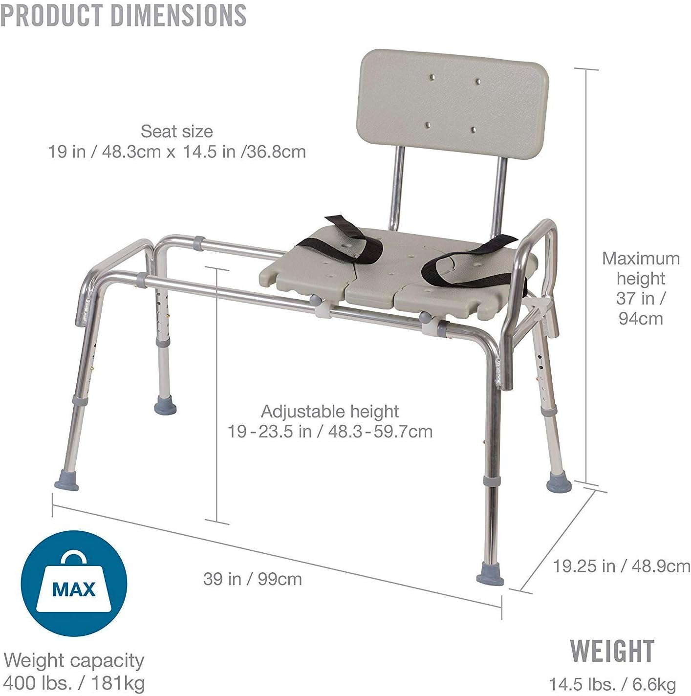 Tub Transfer Bench and Sliding Shower Chair Made of Heavy Duty Non Slip Aluminum Body and Seat with Adjustable Seat Height and Cut Out Access Holding Weight Capacity up to 400 lbs, Gray: Health & Personal Care