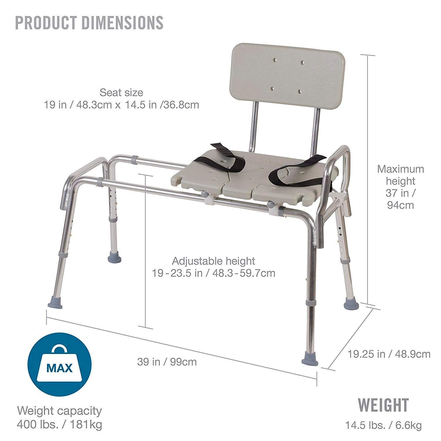 DMI Tub Transfer Bench and Shower Chair with Non Slip Aluminum Body, FSA Eligible, Adjustable Seat Height and Cut Out Access, Holds Weight up to 400 Lbs, Bath and Shower Safety, Transfer Bench