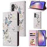 UEEBAI Wallet Case for Samsung Galaxy S25 5G, PU Leather Phone Case Kickstand RFID Blocking Flip Case Card Slots Wrist Strap Relief Engraved Pattern Magnetic Closure Flower Folio Case, Blue Butterfly