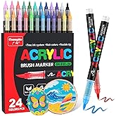 Guangna Acrylic Paint Markers Brush Tip, 24 Vivid Colors with Direct-Liquid Ink Control System, Professional-Grade Paint Pen for Rock Painting, Canvas, Glass, Plastic, Fabric, Eggs