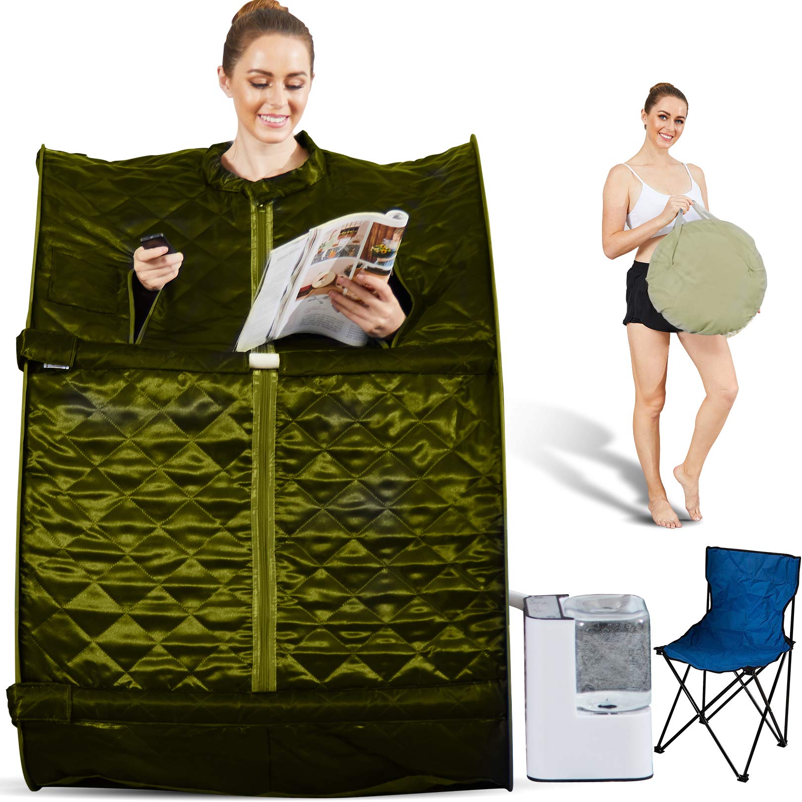 Hicient Steam Sauna Individual Home Spa-Indoor Portable Sauna Set Includes a Foot Pad,Remote Control, Folding Canvas Chair, Precise Timer (29.5 X 35 X 40.3 inch, Brown)
