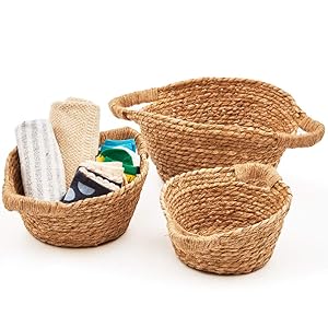 EZOWare Natural Handwoven Seagrass Rustic Round Nesting Wicker Shelf Baskets with Handles - Set of 3