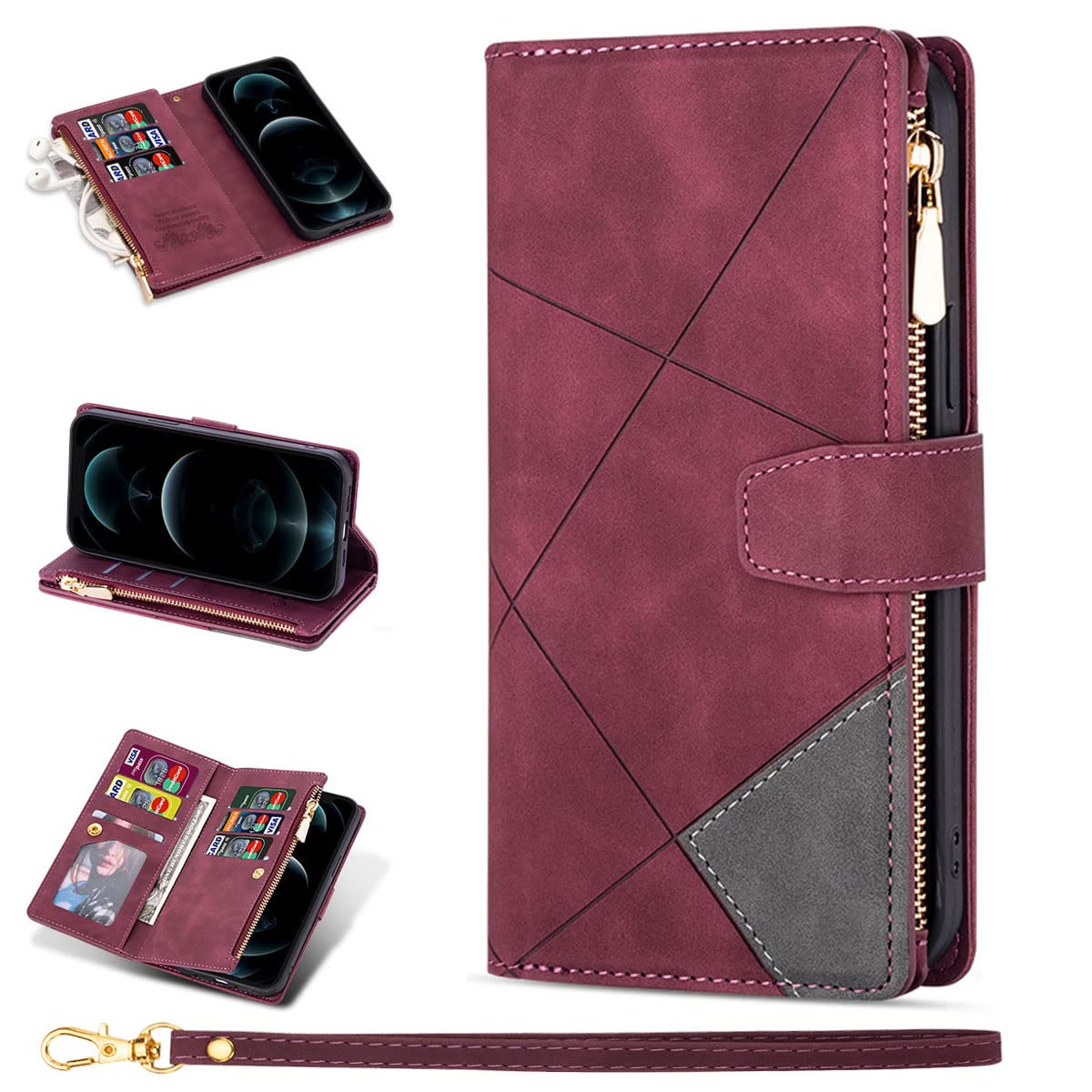 ZCDAYE Wallet Case for iPhone 13 Pro Case with 9 Card Slots Zipper Pocket Handbag Wristlet Folio Flip Cover for iPhone 13 Pro-Wine Red