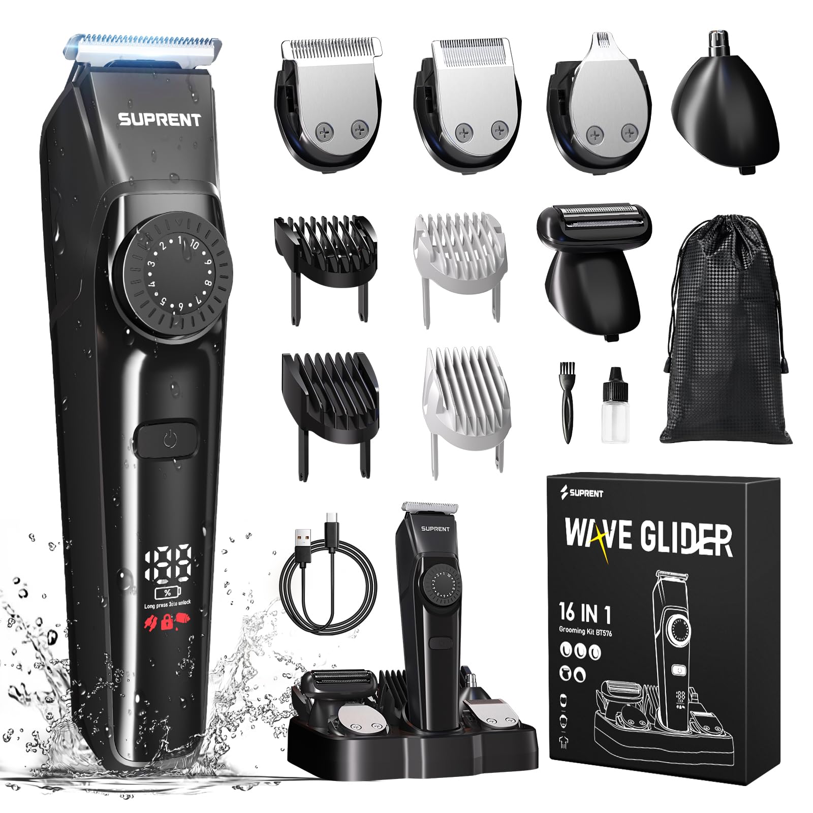 SUPRENT Barttrimmer Herren, All-in-1Bartschneider Nasenhaartrimmer Kabellos, 210 Min Laufzeit & Wasserdicht Rasierer Elektrisch mit 40 Längen, Trimmer für Gesicht/Kopf/Körper