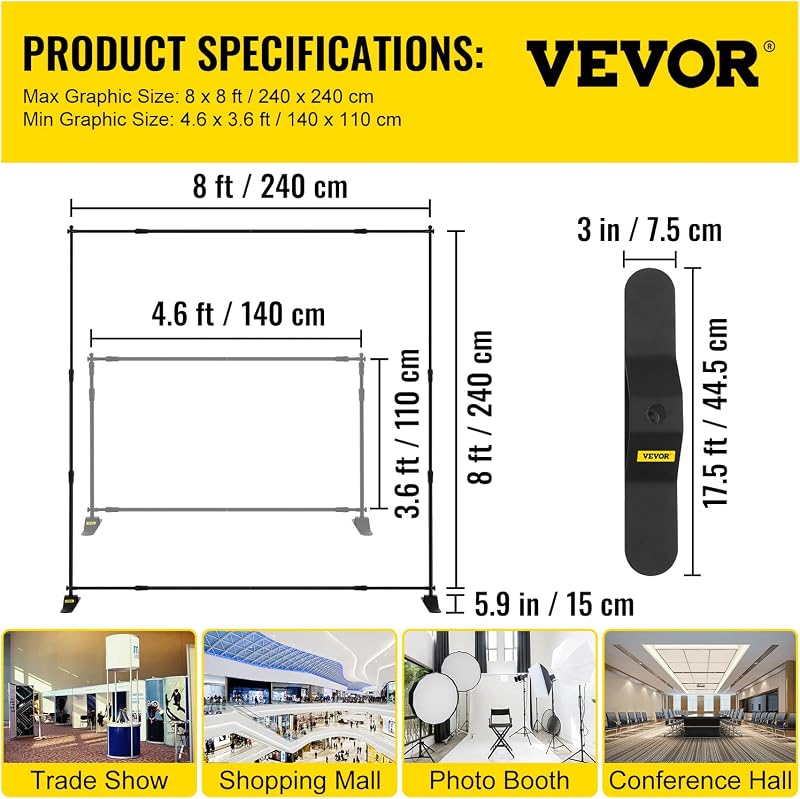 Soporte para Panel de Fondo Publicitario 2.4 m x 2.4 m, Achura 35 "- 96", Soporte Banner Altura Ajustable 40 "- 96", para Feria Comercial Ligero Telescópico Ajustable Expositor — foto 7 de 8