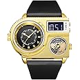Reginald Hip hop Men's Watch Big Face Watch for Men Square Big Dial Watch 3 Time Zone Novel Face Dial Stainless Steel Quartz Leather Strap Watches (gold/black)