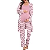 SWOMOG Maternity Nursing Robe Set 3 PCS Postpartum Breastfeeding Pajamas Lounge Hospital Pregnancy Pjs with Robe