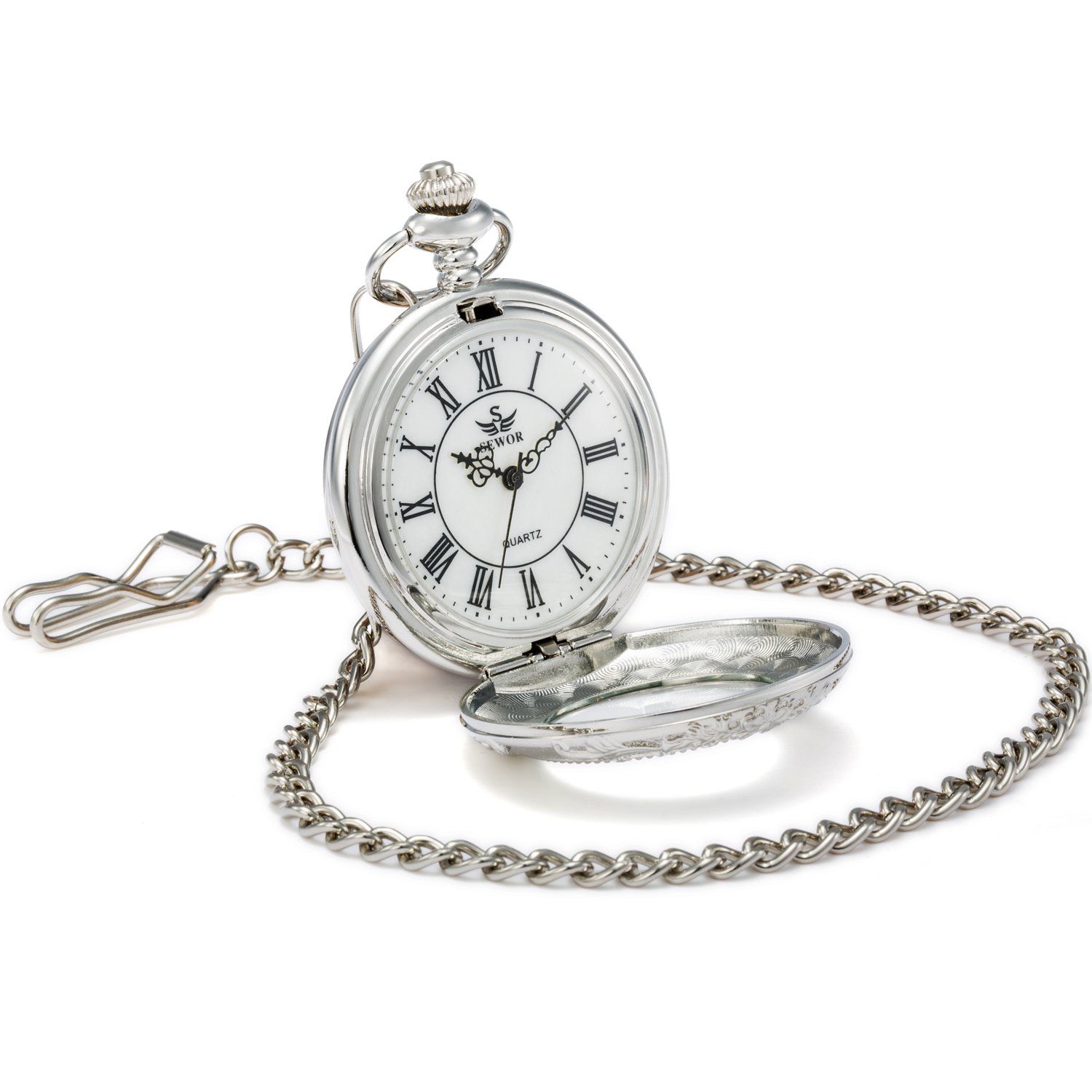 SEWOR Quartz Pocket Watch Shell Dial Magnifier Case With Two Type Chain (Leather+Metal) (Sliver)