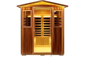 KUNSANA Red Cedar 4 Person Outdoor Ultra-Low EMF（0.5mg） Infrared Sauna, Multi-Person Home Sauna spa, 2160w,12 Heating Panels, LCD Control Panel, Bluetooth Speaker, Chromotherapy Lights, Reading lamp