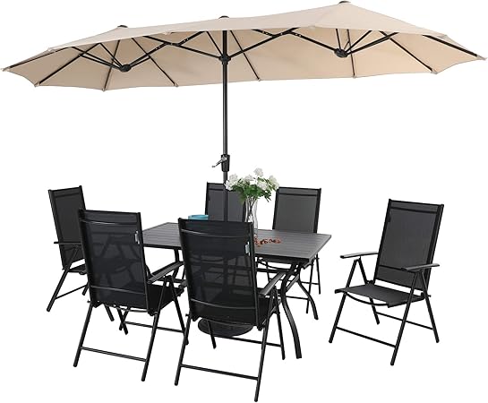 Amazon Com Phi Villa 7 Pcs Patio Dining Set And 13ft Large Rectangle Patio Umbrella 6 Outdoor Reclining Folding Sling Chair With Armrest 1 Rectangle Metal Outdoor Dining Table For Lawn