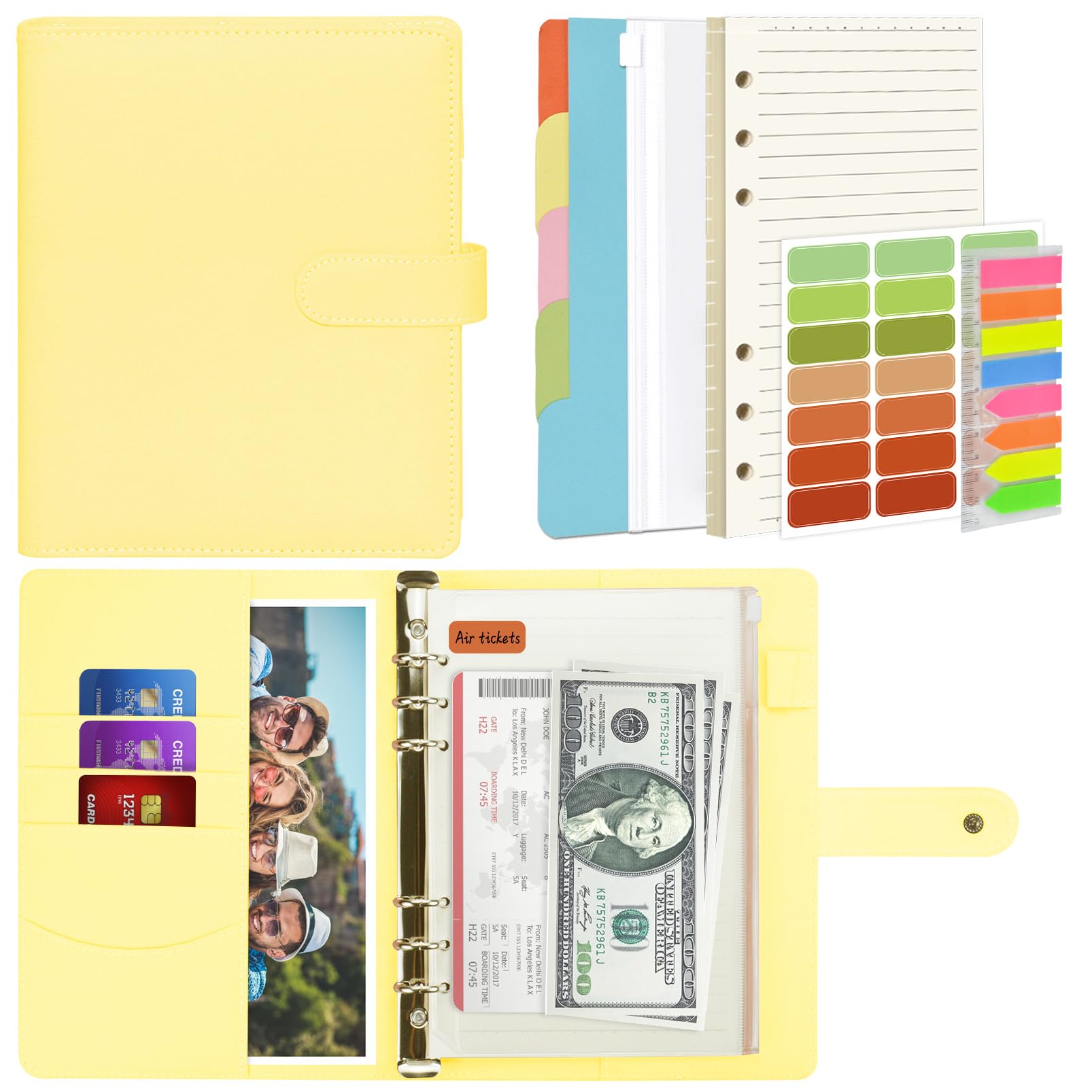 Mlife A5 Notebook Binder Set - 6 Ring PU Leather Planner,5 PCS File Divider,45 Sheets A5 Loose Leaf Paper,Label Stickers,Index Tabs and Clear Cash Envelopes,Personal Organizer Binder（Yellow）