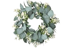 IRONLAND 12" Artificial Eucalyptus Wreath for Front Door Small Spring Summer Wreath Little Green Leaves Wreath for Farmhouse Festival Celebration Party Home Porch Decor