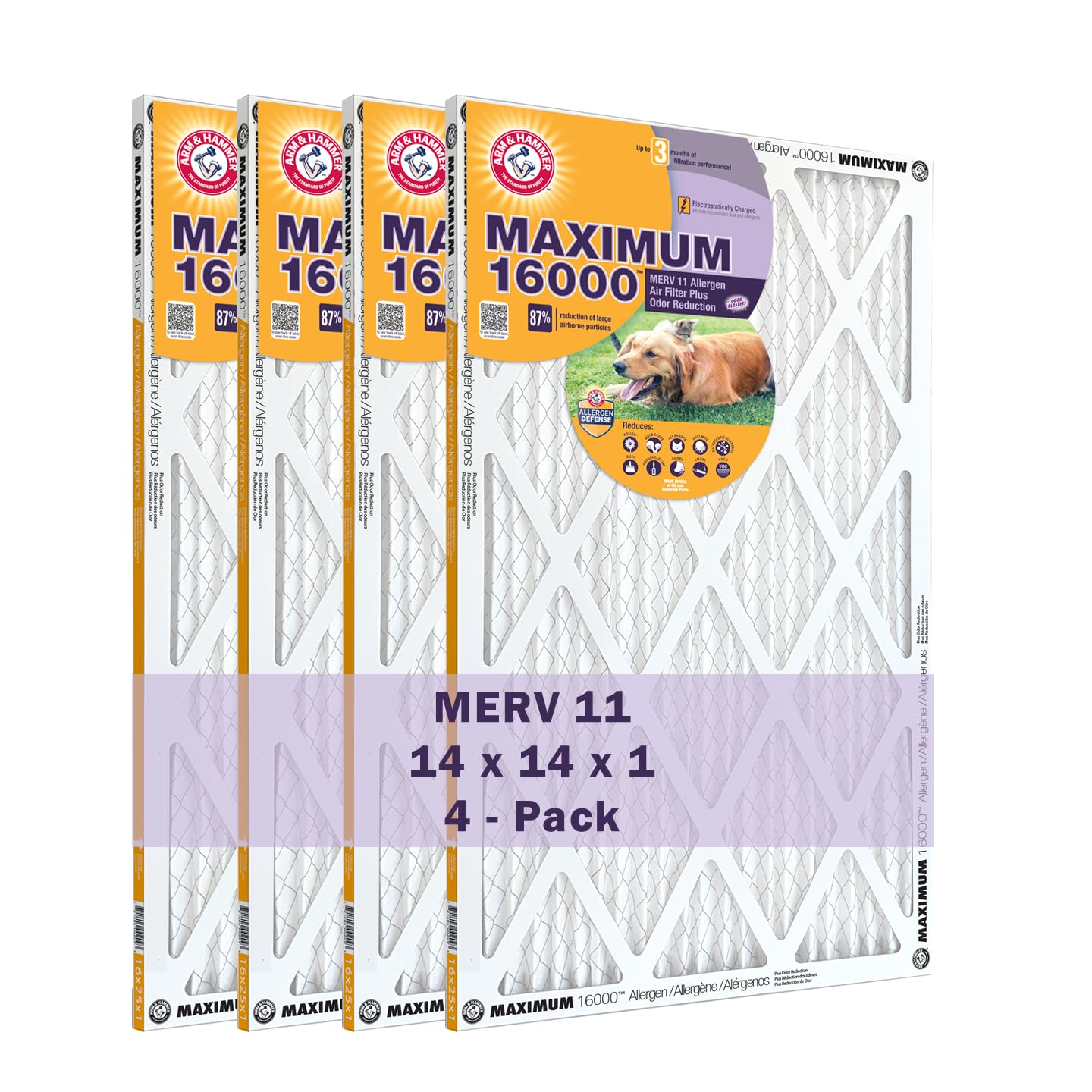 Arm & Hammer Max Allergen & Odor Reduction 14x14x1 Air and Furnace Filter, MERV 11, 4-Pack Image