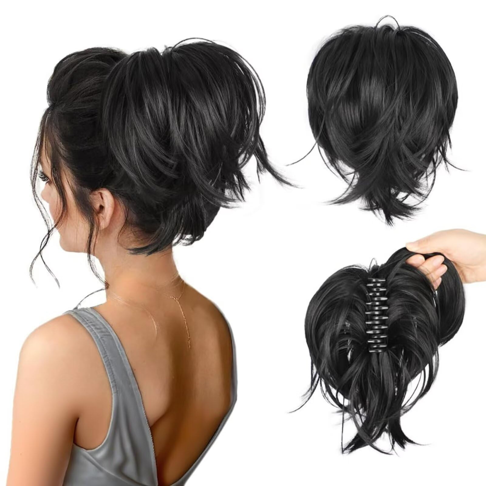 RUNRAYAY Ponytail Extension, Claw Clip in Straight Hair Bun Messy Bun Short Ponytail with Hair Pieces for Women Fake Hair Bun DIY Styles, Black