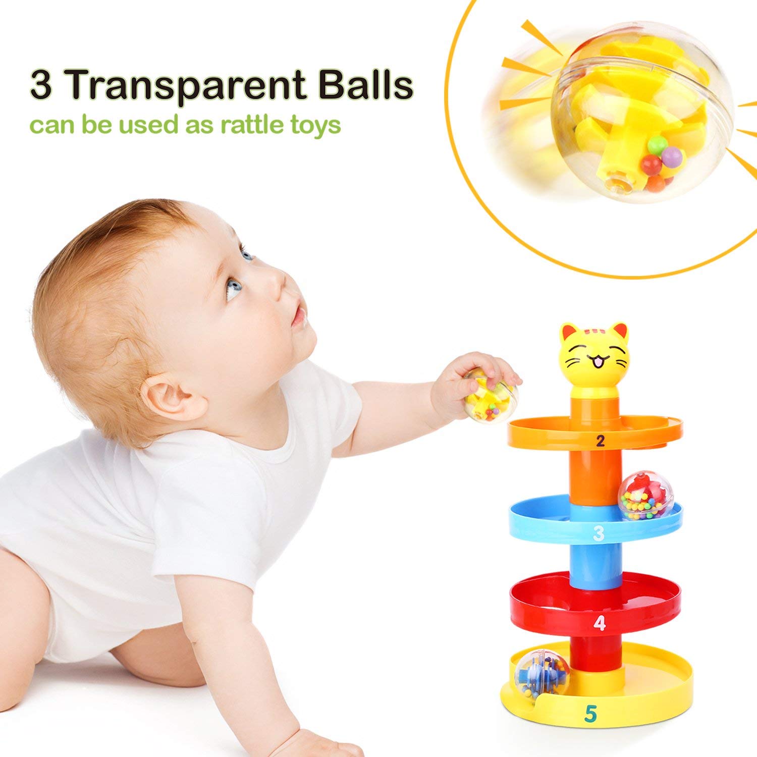 Peradix Swirl Ball Ramp Toddlers Ball Drop Toy Educational Puzzle Rolling Ball Bell Stacker for Kids Activity Center Games (Cat)